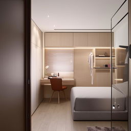 A sophisticated 14*15.5 ft bedroom, incorporating an ensuite bathroom, a walk-in closet, a conveniently positioned study table, and a stylish dressing table in its layout.