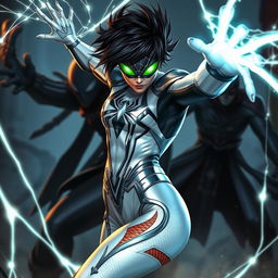 A fantasy scene featuring a Spider-Girl in a dynamic battle against a villain