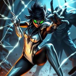 A fantasy scene featuring a Spider-Girl in a dynamic battle against a villain