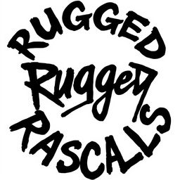 A perfect circular shape filled with bold black graffiti letters spelling 'Rugged Rascals'