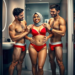 Two attractive men in fashionable underwear embrace a hijab-wearing woman in a modern bathroom setting