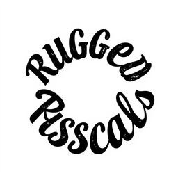 A perfect circle shape made up of the words "Rugged Rascals" in bold Stussy script style font, entirely colored in black