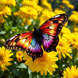 A female Alexis butterfly with wide wings featuring vibrant, shimmering patterns under the sunlight, perched on a garden of bright yellow chrysanthemum flowers