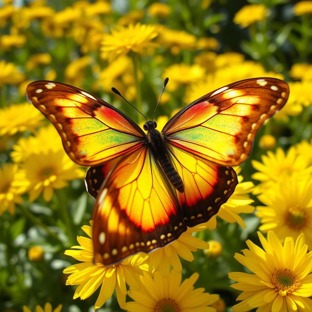 A female Alexis butterfly with wide wings featuring vibrant, shimmering patterns under the sunlight, perched on a garden of bright yellow chrysanthemum flowers