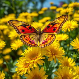 A female Alexis butterfly with wide wings featuring vibrant, shimmering patterns under the sunlight, perched on a garden of bright yellow chrysanthemum flowers