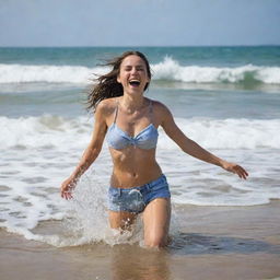 A slightly intoxicated girl splashing around joyously at the beach, creating a lively scene.