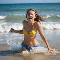 A slightly intoxicated girl splashing around joyously at the beach, creating a lively scene.