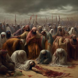 An emotionally touching scene depicting the martyrdom of Imam Hussein, painted with dramatic, rich colors, with sorrowful expressions on mourners' faces.