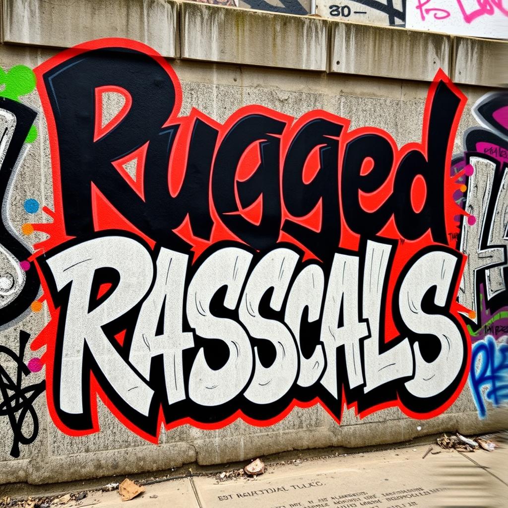 A vibrant urban scene featuring bold black graffiti that reads "Rugged Rascals" in a unique signature font