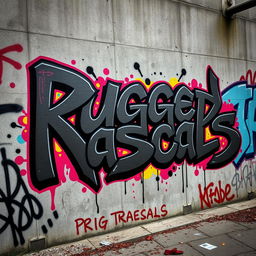 A vibrant urban scene featuring bold black graffiti that reads "Rugged Rascals" in a unique signature font
