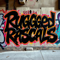 A vibrant urban scene featuring bold black graffiti that reads "Rugged Rascals" in a unique signature font