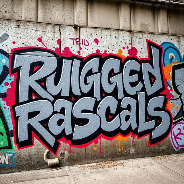 A vibrant urban scene featuring bold black graffiti that reads "Rugged Rascals" in a unique signature font