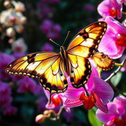 A stunning female Swallowtail butterfly, specifically the Queen Alexandra's, perched gracefully on a vibrant orchid flower
