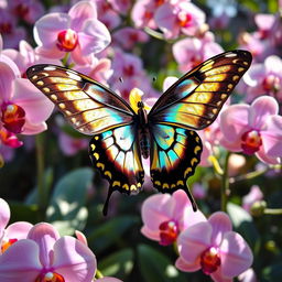 A stunning female Swallowtail butterfly, specifically the Queen Alexandra's, perched gracefully on a vibrant orchid flower