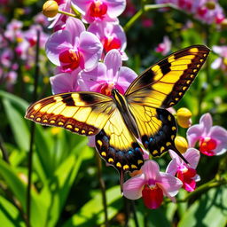 A stunning female Swallowtail butterfly, specifically the Queen Alexandra's, perched gracefully on a vibrant orchid flower