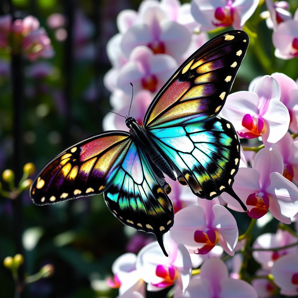 A stunning female Swallowtail butterfly, specifically the Queen Alexandra's, perched gracefully on a vibrant orchid flower