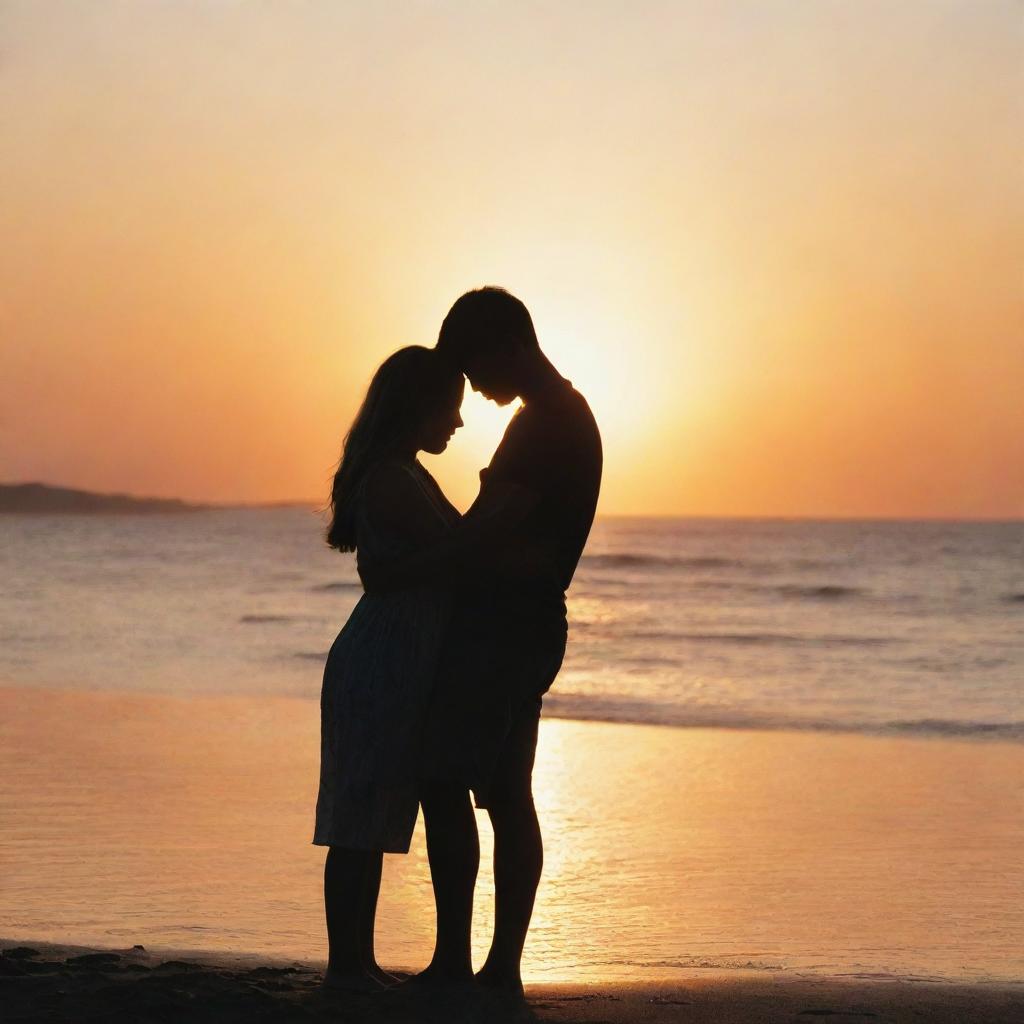 A girl and a boy affectionately embracing each other by the beach, their bodies silhouetted against the setting sun.