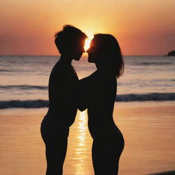 A girl and a boy affectionately embracing each other by the beach, their bodies silhouetted against the setting sun.