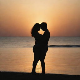 A girl and a boy affectionately embracing each other by the beach, their bodies silhouetted against the setting sun.