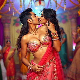 A sensual woman inspired by the looks of Nushrat Bharucha, wearing a low waist chiffon lehenga, in the act of removing her bikini top and revealing her cleavage and navel