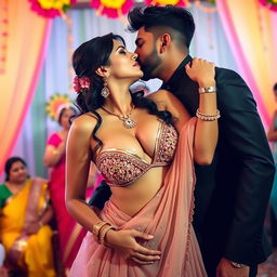 A sensual woman inspired by the looks of Nushrat Bharucha, wearing a low waist chiffon lehenga, in the act of removing her bikini top and revealing her cleavage and navel