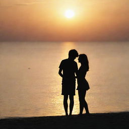 A girl and a boy affectionately embracing each other by the beach, their bodies silhouetted against the setting sun.