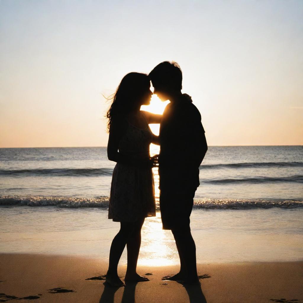 A girl and a boy affectionately embracing each other on the beach, bathed in the intense light of the sun creating a beautiful silhouette