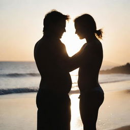 A girl and a boy affectionately embracing each other on the beach, bathed in the intense light of the sun creating a beautiful silhouette