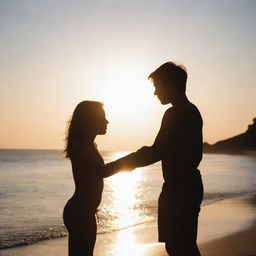 A girl and a boy affectionately embracing each other on the beach, bathed in the intense light of the sun creating a beautiful silhouette