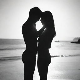 A girl and a boy affectionately embracing each other on the beach, bathed in the intense light of the sun creating a beautiful silhouette