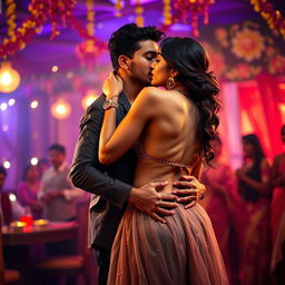 A sensual woman inspired by the looks of Nushrat Bharucha, wearing a low waist chiffon lehenga, in the act of removing her backless bikini top, revealing her bare back