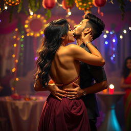 A sensual woman inspired by the looks of Nushrat Bharucha, wearing a low waist chiffon lehenga, in the act of removing her backless bikini top, revealing her bare back