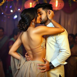 A sensual woman inspired by the looks of Nushrat Bharucha, wearing a low waist chiffon lehenga, in the act of removing her backless bikini top, revealing her bare back