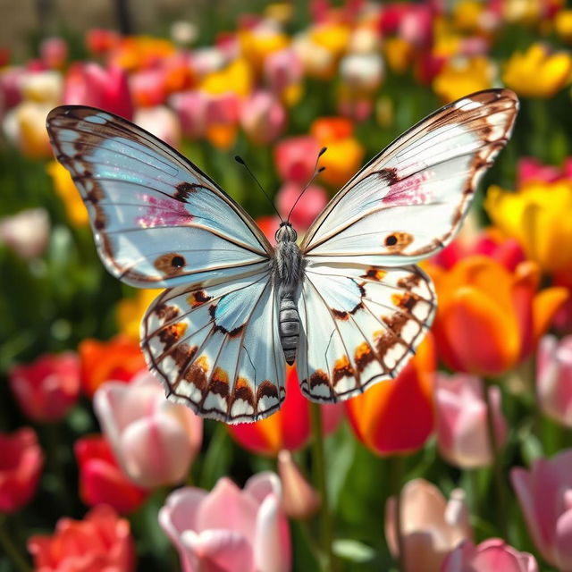 A majestic white barred emperor butterfly with wide wings adorned with vibrant, shimmering patterns visible under the sunlight