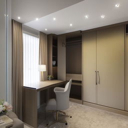 A sophisticated 14*15.5 ft bedroom, incorporating an ensuite bathroom, a walk-in closet, a conveniently positioned study table, and a stylish dressing table in its layout.