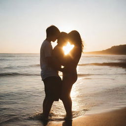 A girl and a boy embracing each other on the beach, flooded with intense sunlight coming directly from the front, creating a radiant silhouette