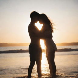 A girl and a boy embracing each other on the beach, flooded with intense sunlight coming directly from the front, creating a radiant silhouette