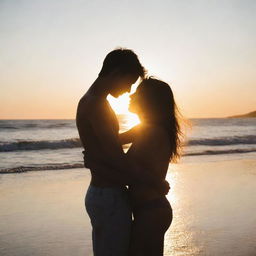 A girl and a boy embracing each other on the beach, flooded with intense sunlight coming directly from the front, creating a radiant silhouette