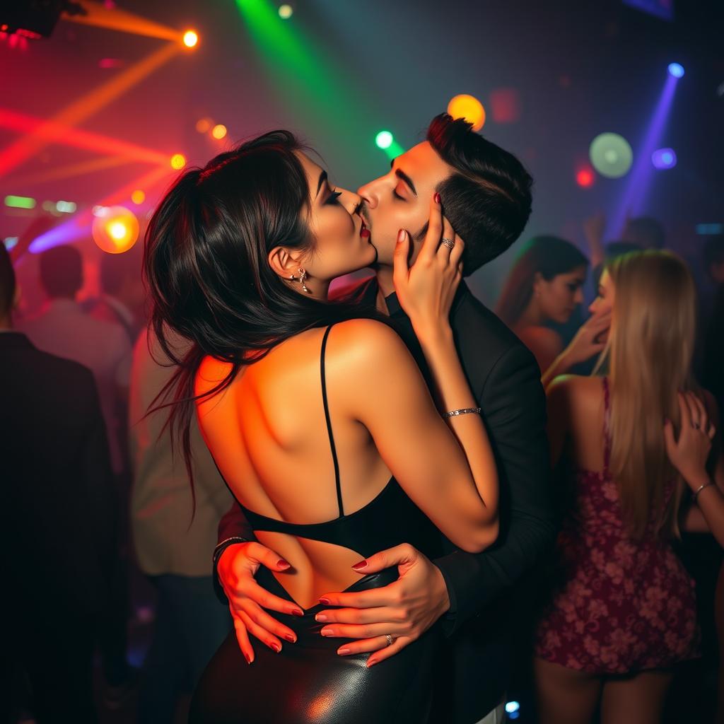 A sensual woman inspired by the looks of Nushrat Bharucha, wearing a backless minidress, passionately making out with a man at a lively club