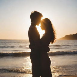 A girl and a boy embracing each other on the beach, flooded with intense sunlight coming directly from the front, creating a radiant silhouette