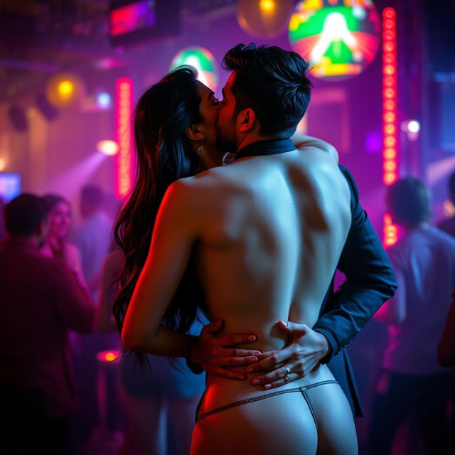 A sensual woman inspired by the looks of Nushrat Bharucha, wearing a backless minidress, passionately making out with a man at an energetic club