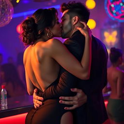 A sensual woman inspired by the looks of Nushrat Bharucha, wearing a backless minidress, passionately making out with a man at an energetic club