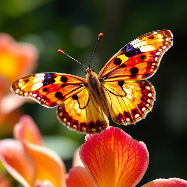 A stunning painted lady butterfly, also known as Kupu kupu queen, with wide, brightly patterned wings that glisten under the sunlight