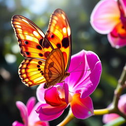 A stunning painted lady butterfly, also known as Kupu kupu queen, with wide, brightly patterned wings that glisten under the sunlight