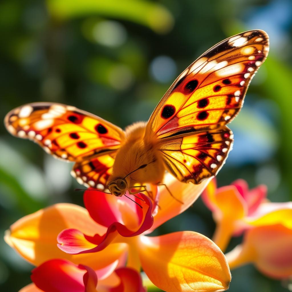 A stunning painted lady butterfly, also known as Kupu kupu queen, with wide, brightly patterned wings that glisten under the sunlight