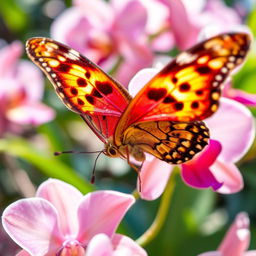 A stunning painted lady butterfly, also known as Kupu kupu queen, with wide, brightly patterned wings that glisten under the sunlight