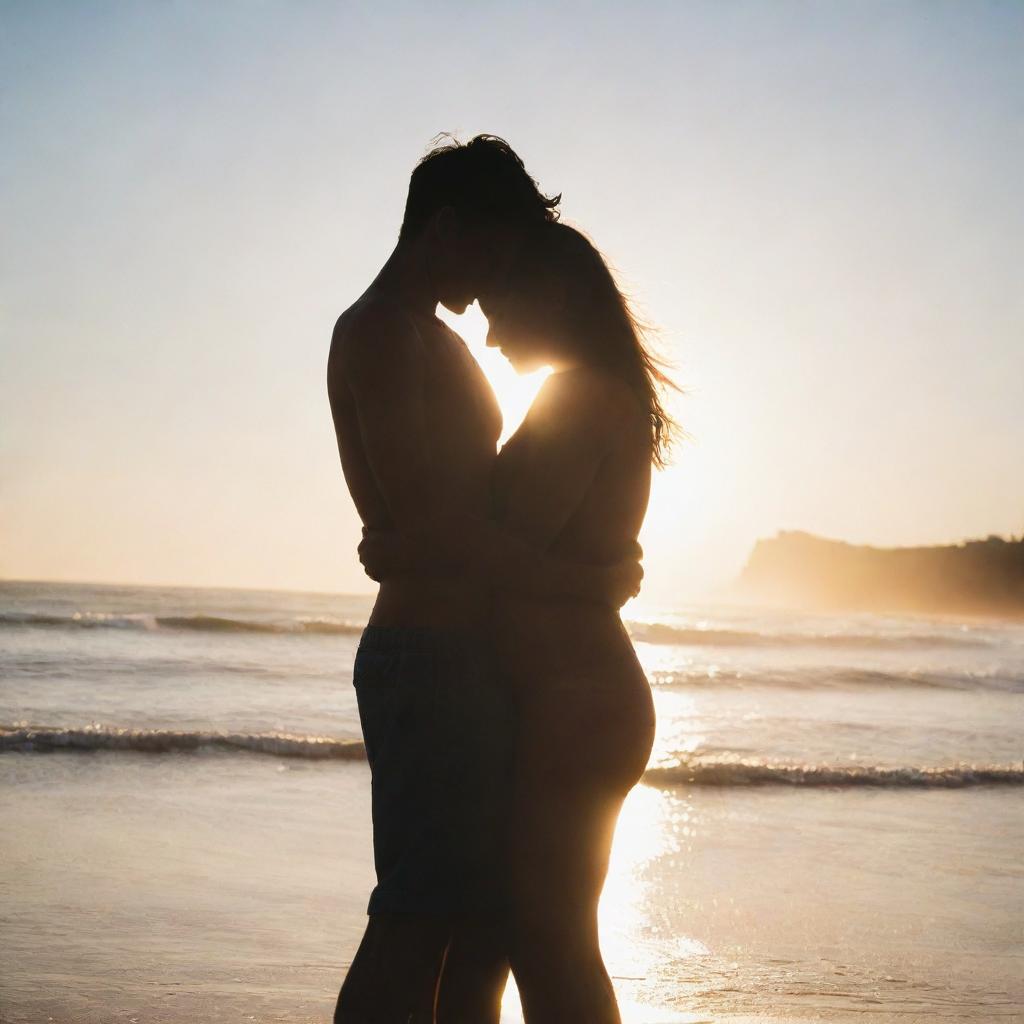 A girl and boy hugging each other on the beach, showered with intense sunlight coming from both the front and back, creating a mesmerizing radiant silhouette