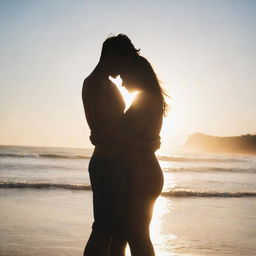 A girl and boy hugging each other on the beach, showered with intense sunlight coming from both the front and back, creating a mesmerizing radiant silhouette