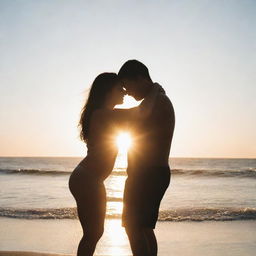 A girl and boy hugging each other on the beach, showered with intense sunlight coming from both the front and back, creating a mesmerizing radiant silhouette