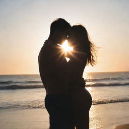 A girl and boy hugging each other on the beach, showered with intense sunlight coming from both the front and back, creating a mesmerizing radiant silhouette